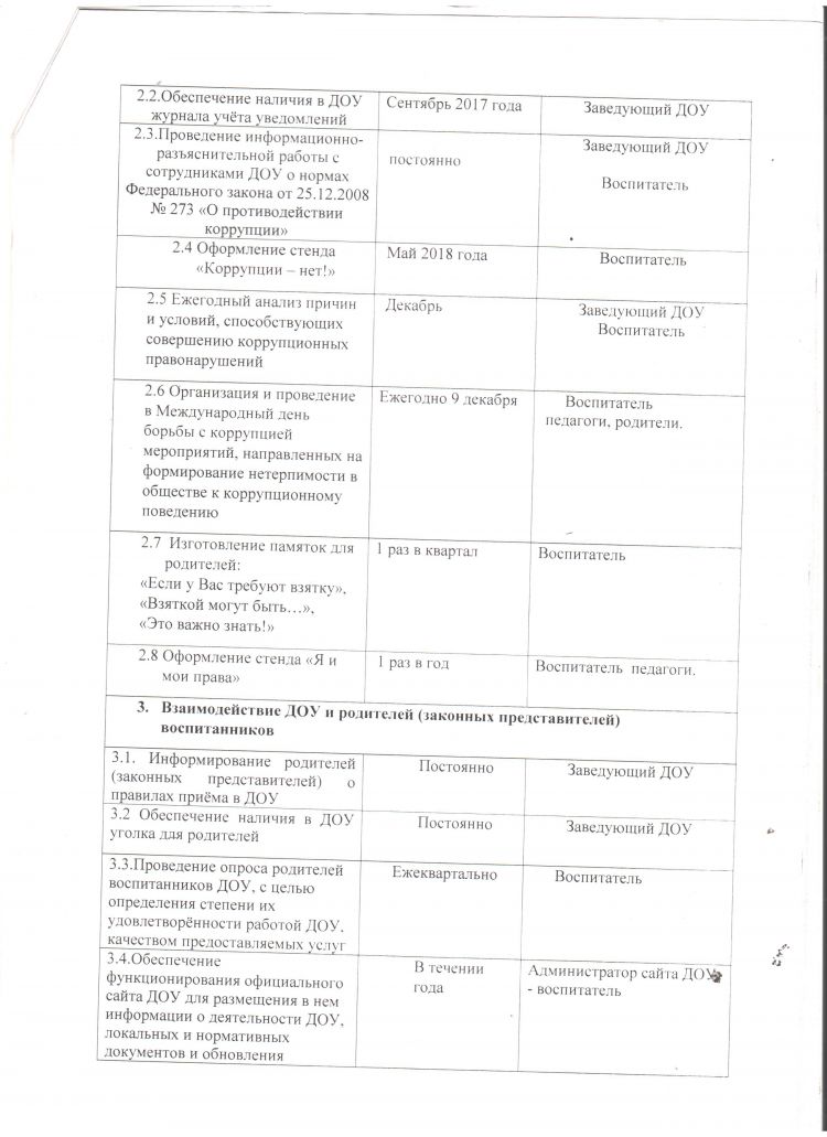 План мероприятий по противодействию коррупции в МБДОУ детский сад №9 "Колокольчик" на 2017-2018 уч. год